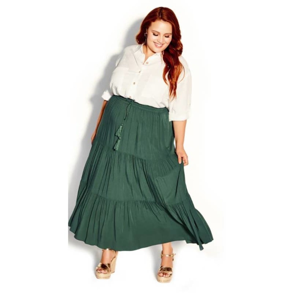 City Chic Tiered Skirt in Jungle Green - Size 16